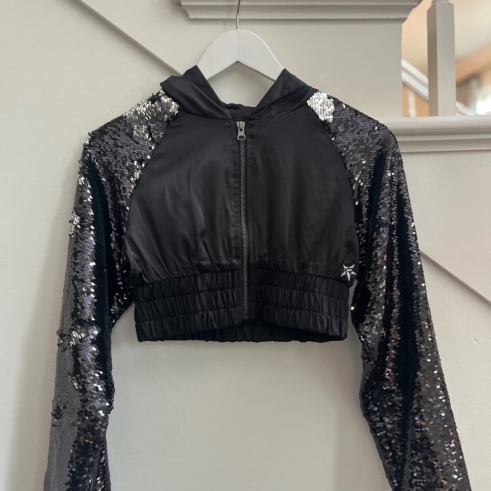 Rebel Athletic Sequin Crop Zip Up Jacket With Hood